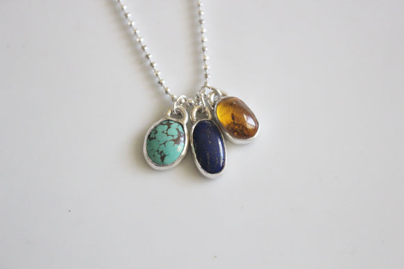 Gemstone Trio Necklace- Turquoise, Lapis Lazuli, and Amber