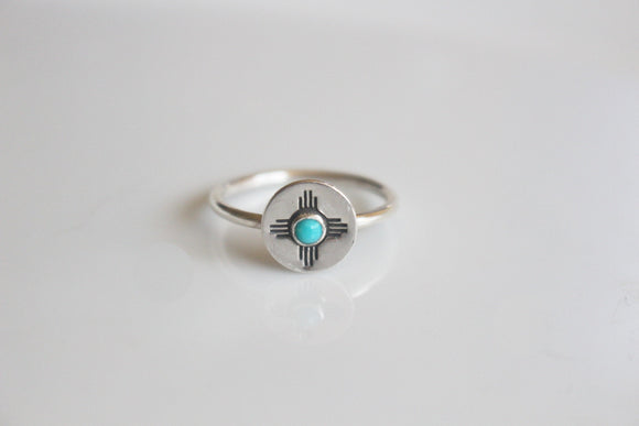 Zia Ring with Turquoise / Made to Order Ring in Sterling Silver / State of New Mexico Symbol Ring / Stacking Ring with Turquoise